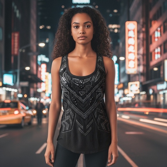 Express Tops - Express Black and Silver Geometric Beaded Tank Top size small